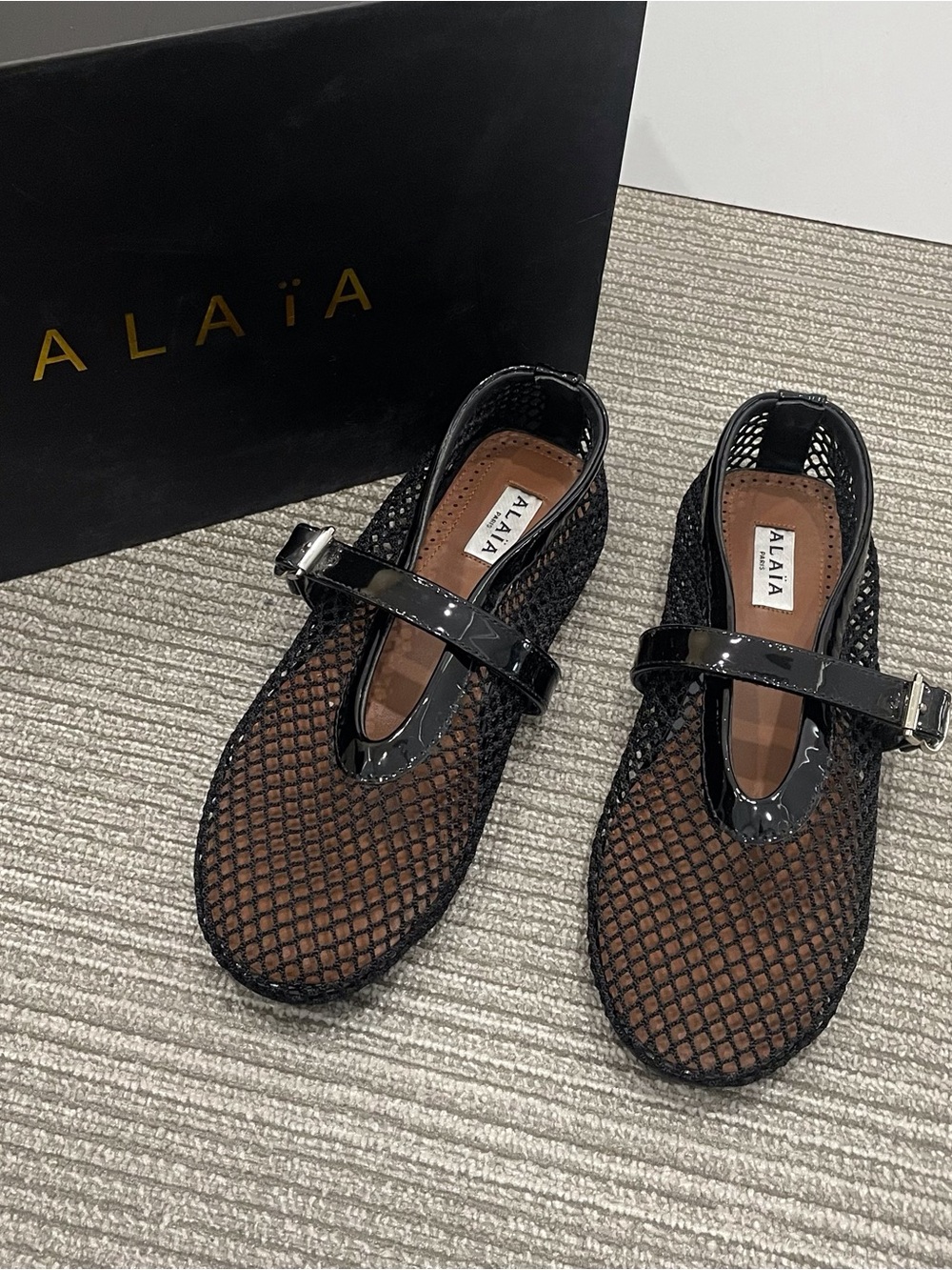 Black Mesh Mary Jane Flats with Patent Strap